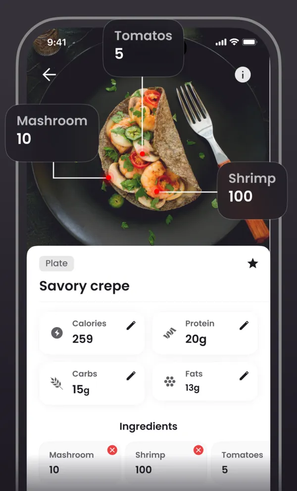 kkal.ai result for a photographed savory crepe: calories, protein, carbs and fat, with each ingredient and its weight listed below