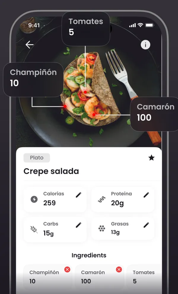 Resultado de kkal.ai tras fotografiar un crepe salado: calorías, proteínas, carbohidratos y grasas, con la lista de ingredientes y sus pesos debajo